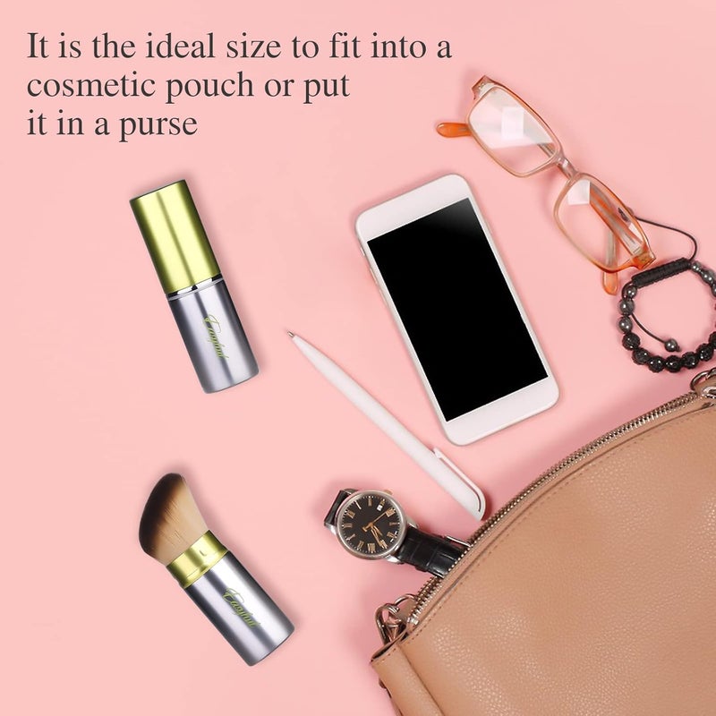 Easyhut Retractable Kabuki Makeup Brushes 2 Pcs Blush Brushes Set Portable Powder Brushes with Flat and Angled Top for Liquid Cream Cosmetics Travel, large/1.18inch(Silver Green) - Image 2